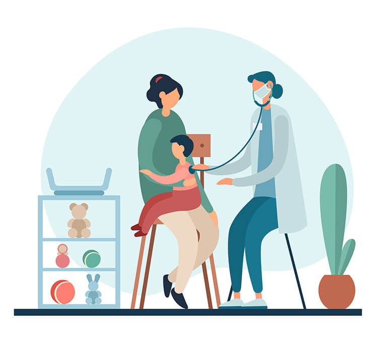 cartoon of mother holding baby talking to pediatrician