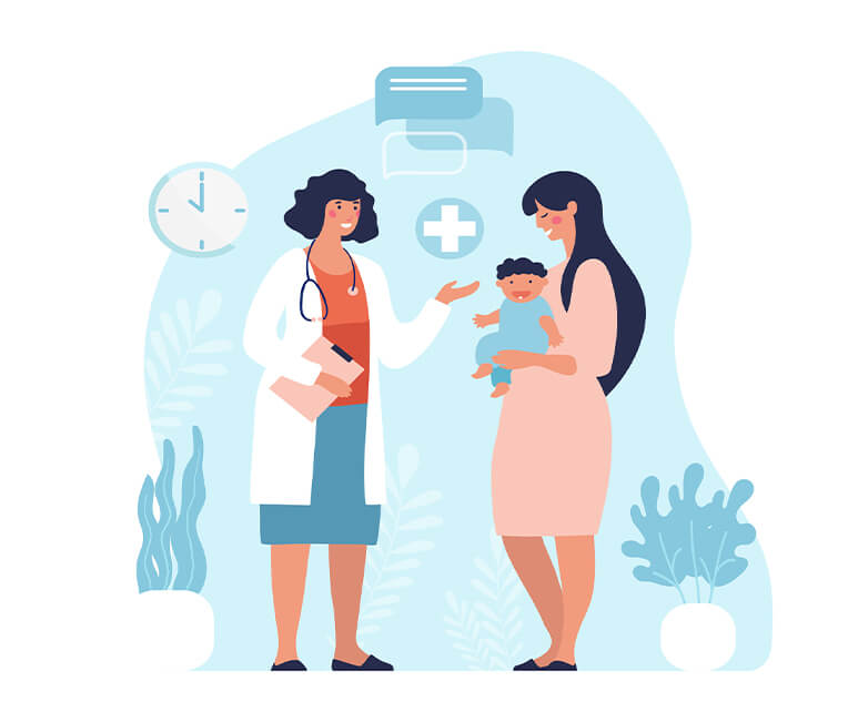 cartoon of mother holding baby talking to pediatrician