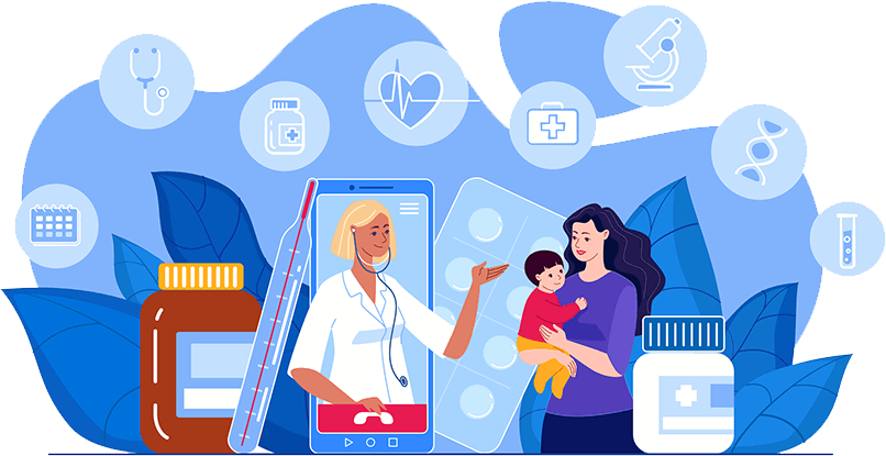 cartoon of mother holding baby talking to pediatrician via Telehealth appointment