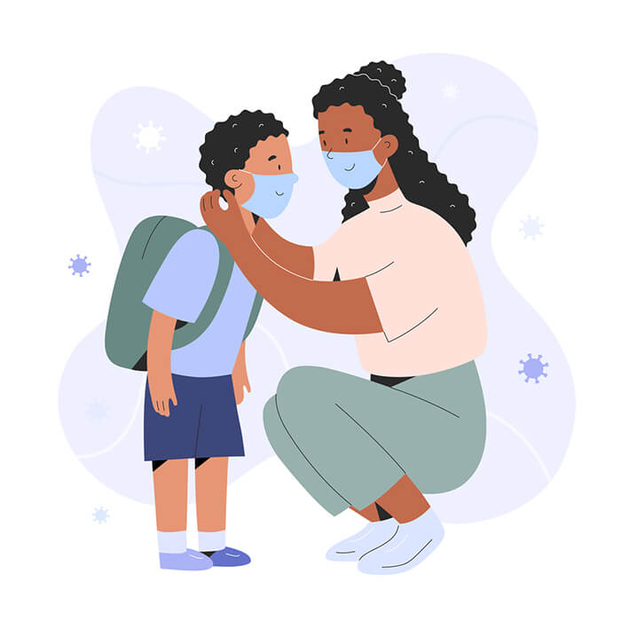 cartoon of mother wearing mask and putting a mask on her son to prepare for COVID-19 testing.