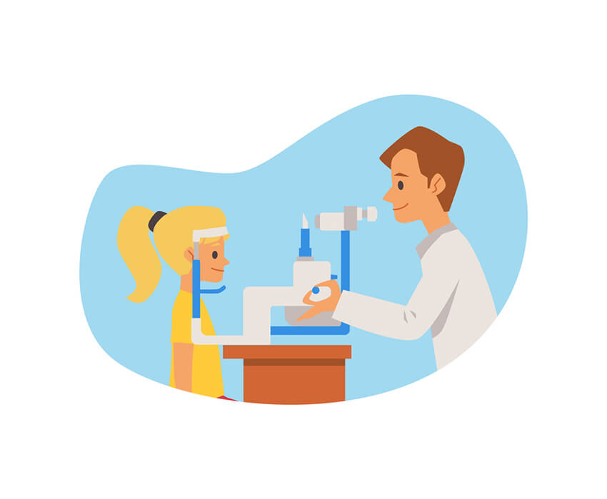 cartoon of a doctor doing a pediatric vision and hearing test