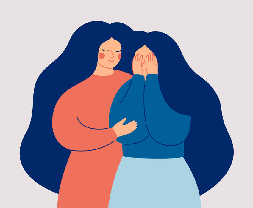 Cartoon of a mother helping console her child, who is dealing with poor mental health.