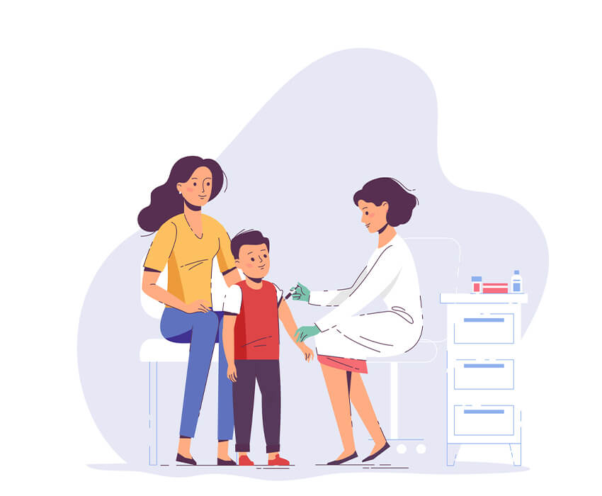 Cartoon of mother holding son while he receives his pediatric immunizations.