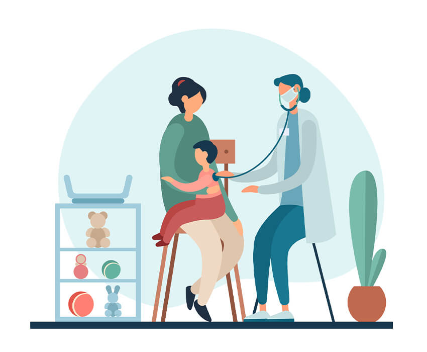 Cartoon of a mother holding her baby at a pediatric primary care appointment.
