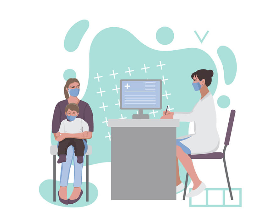 Cartoon of mother holding her baby and talking to a pediatrician, who is helping the mother fill out patient forms for her child.