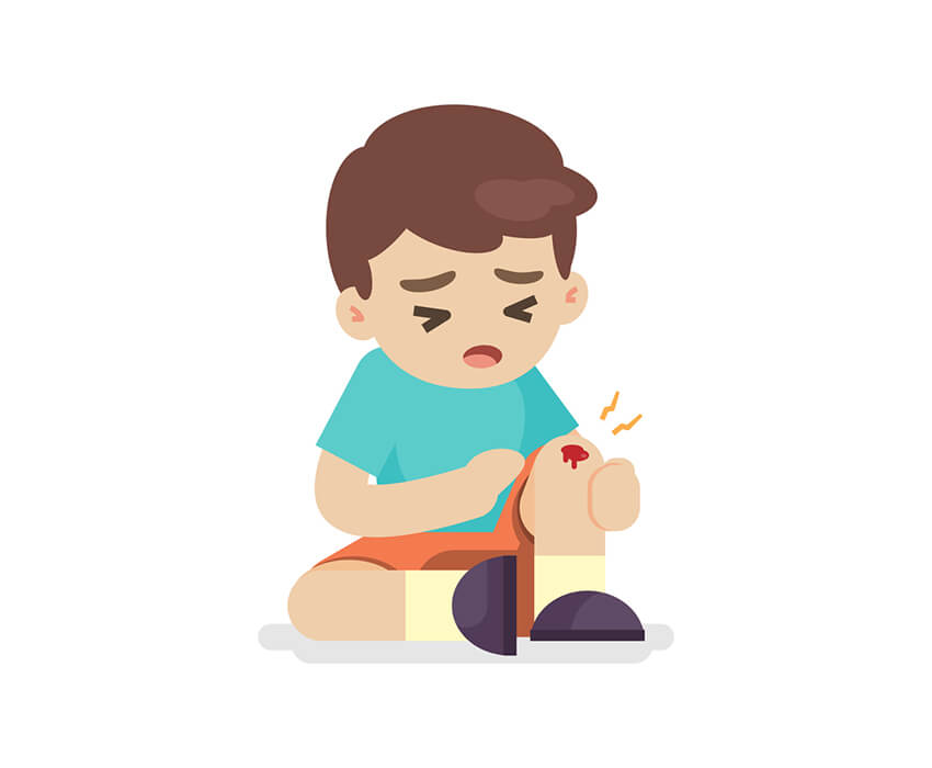cartoon of boy with knee injury